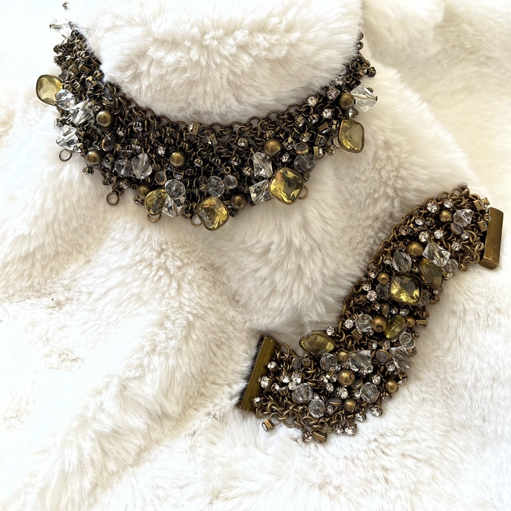 Chico’s brass/ gold tone Amber and crystal bead necklace and matching bracelet.